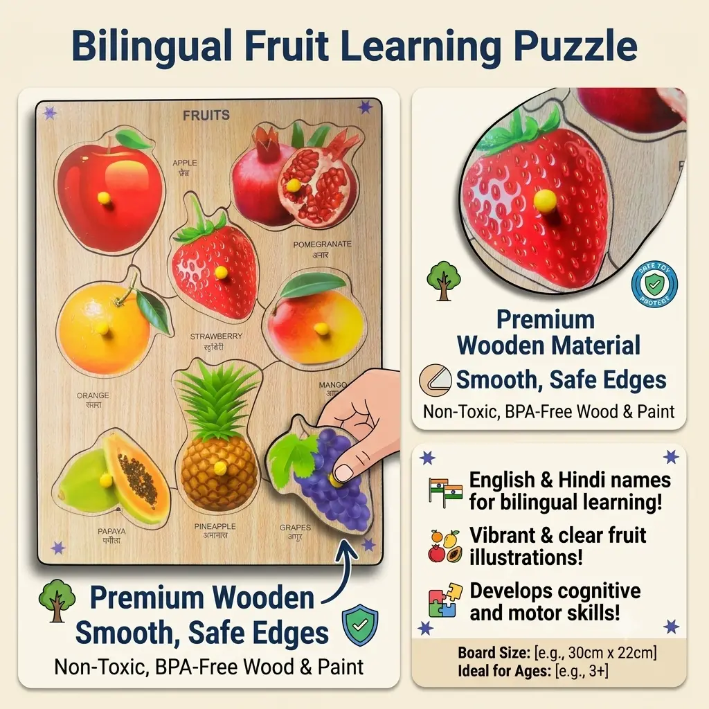 3D Wooden Fruits Puzzles Toys for Kids, Fruits Educational Learning Board Puzzle Toy - Image 2